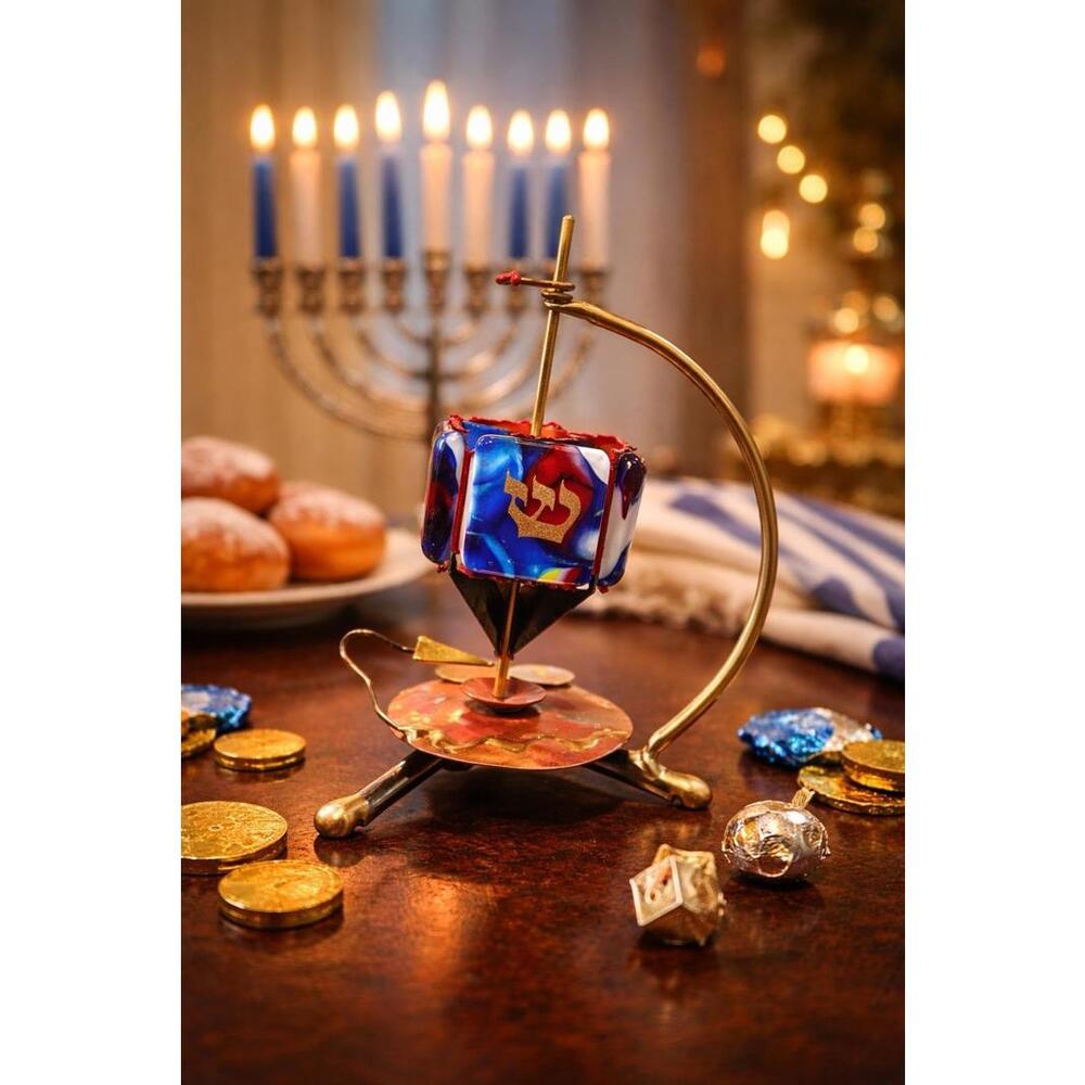NIB Gary Rosenthal USA Modern Judaica Dreidel Sculpture Fused Glass Brass, 6.5”